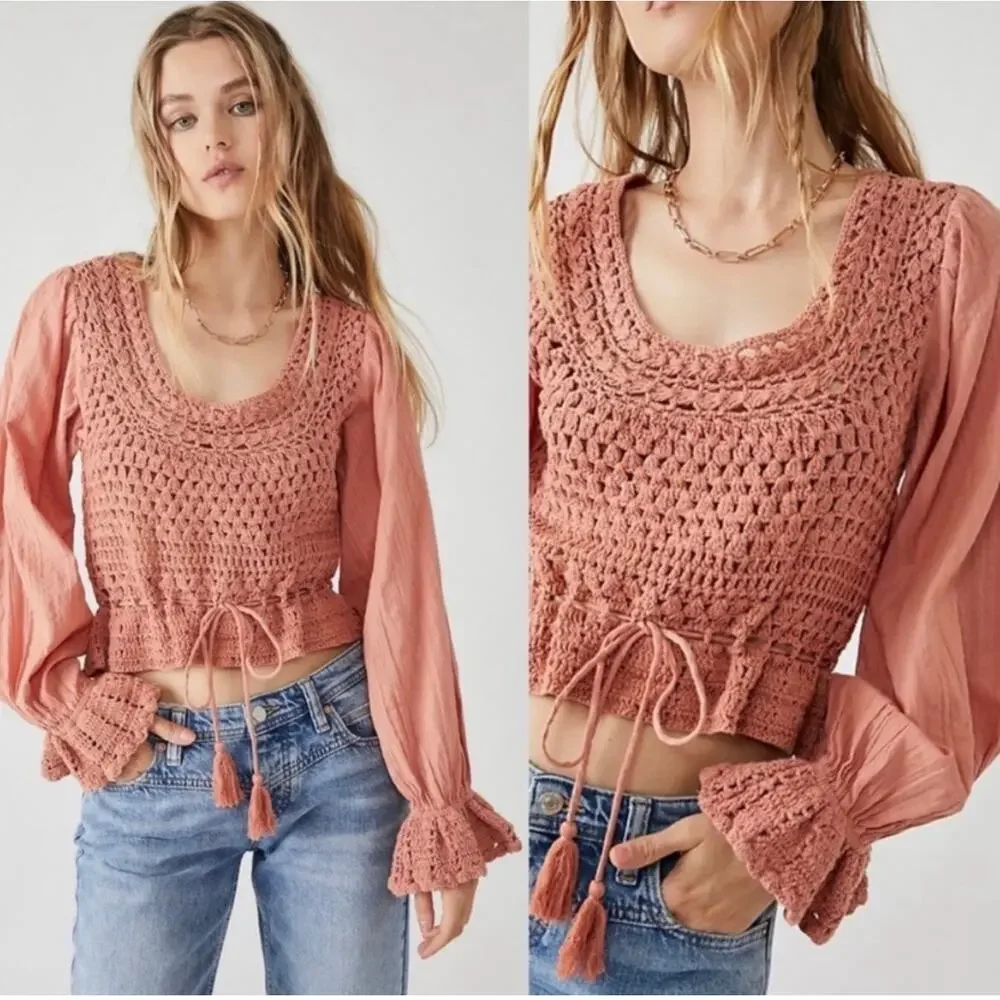 Free People Megan Crochet Knit Peplum Puff Sleeve Top Coral Sand Size Small NWOT